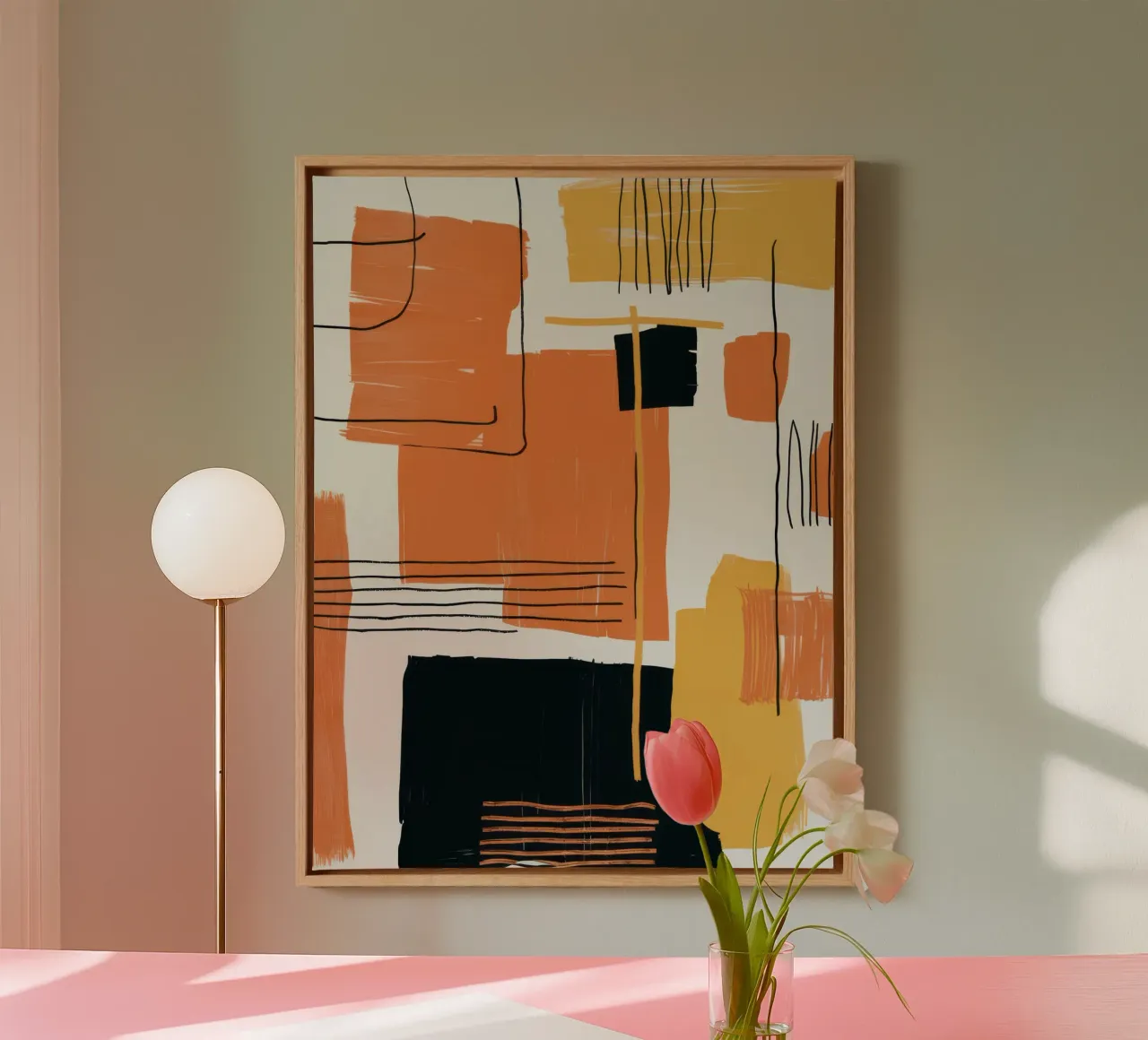 Abstracte oranje compositie canvas met Baklijst van Mark Solaria