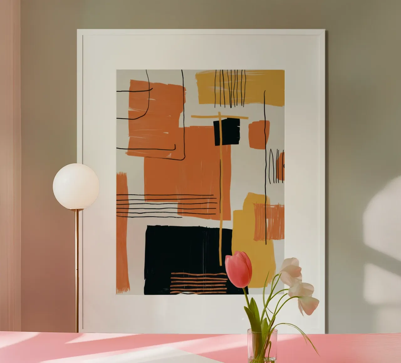 Abstracte oranje compositie poster met aluminium frame van Mark Solaria