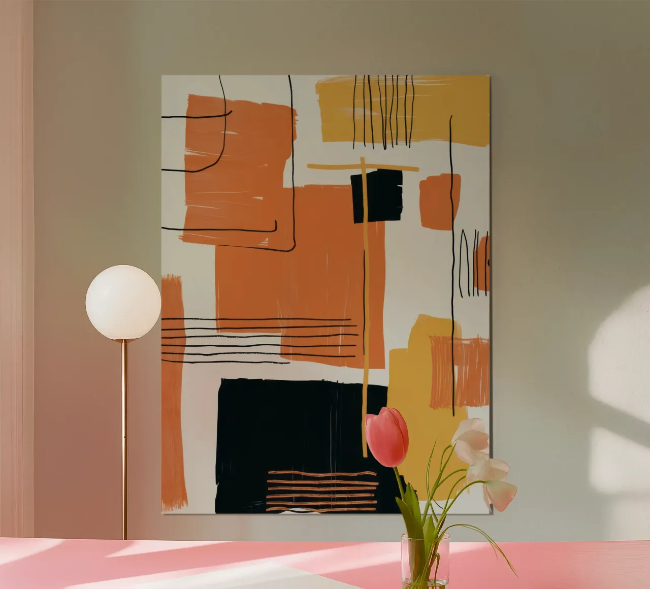 Abstracte oranje compositie poster met aluminium frame van Mark Solaria