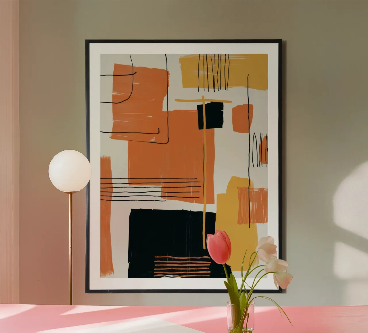 Abstracte oranje compositie poster met aluminium frame van Mark Solaria