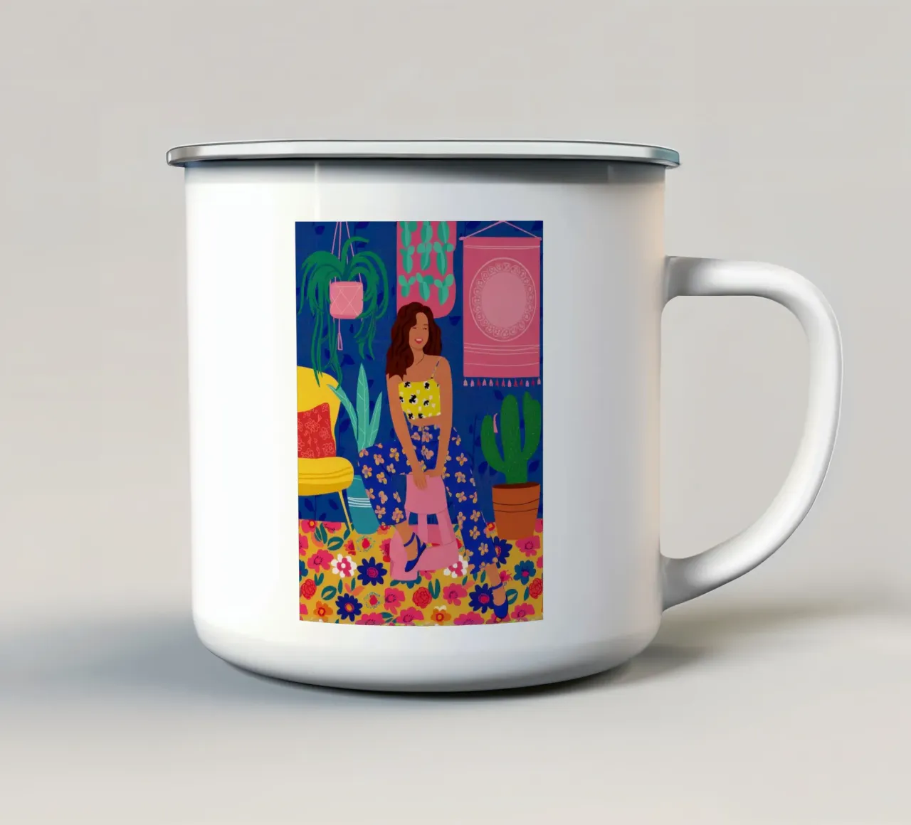 Donna in abito floreale tazza in smalto da Mark Solaria