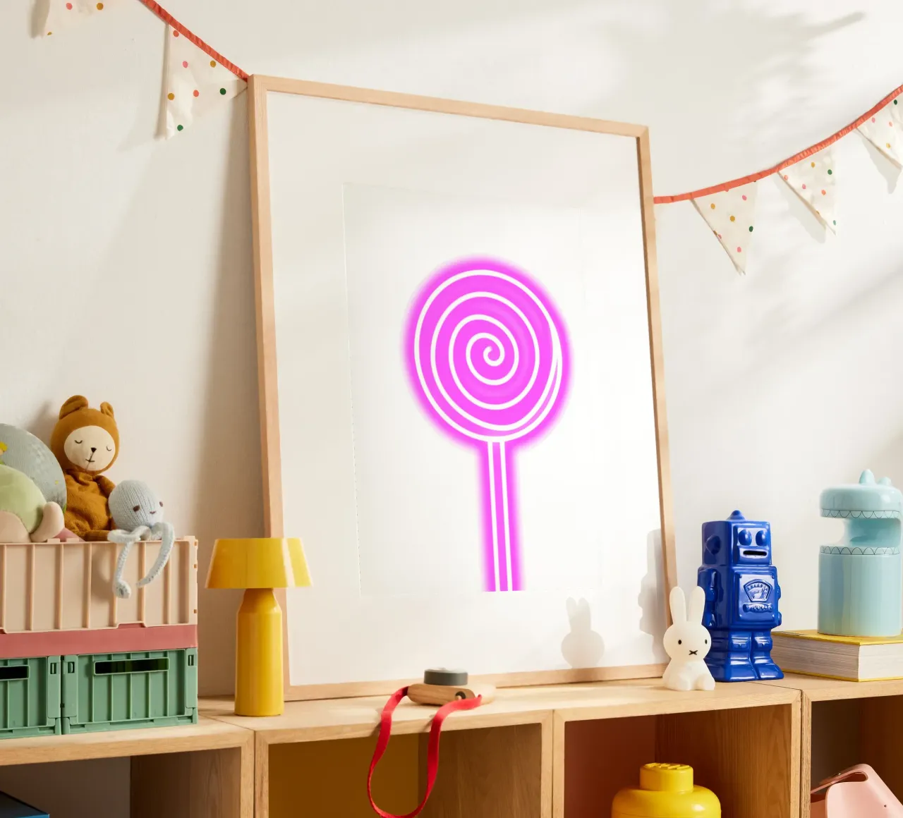 Lollipop Pop Art rosa neon - Stampa digitale Sweet Glow poster con telaio in alluminio da homdeco