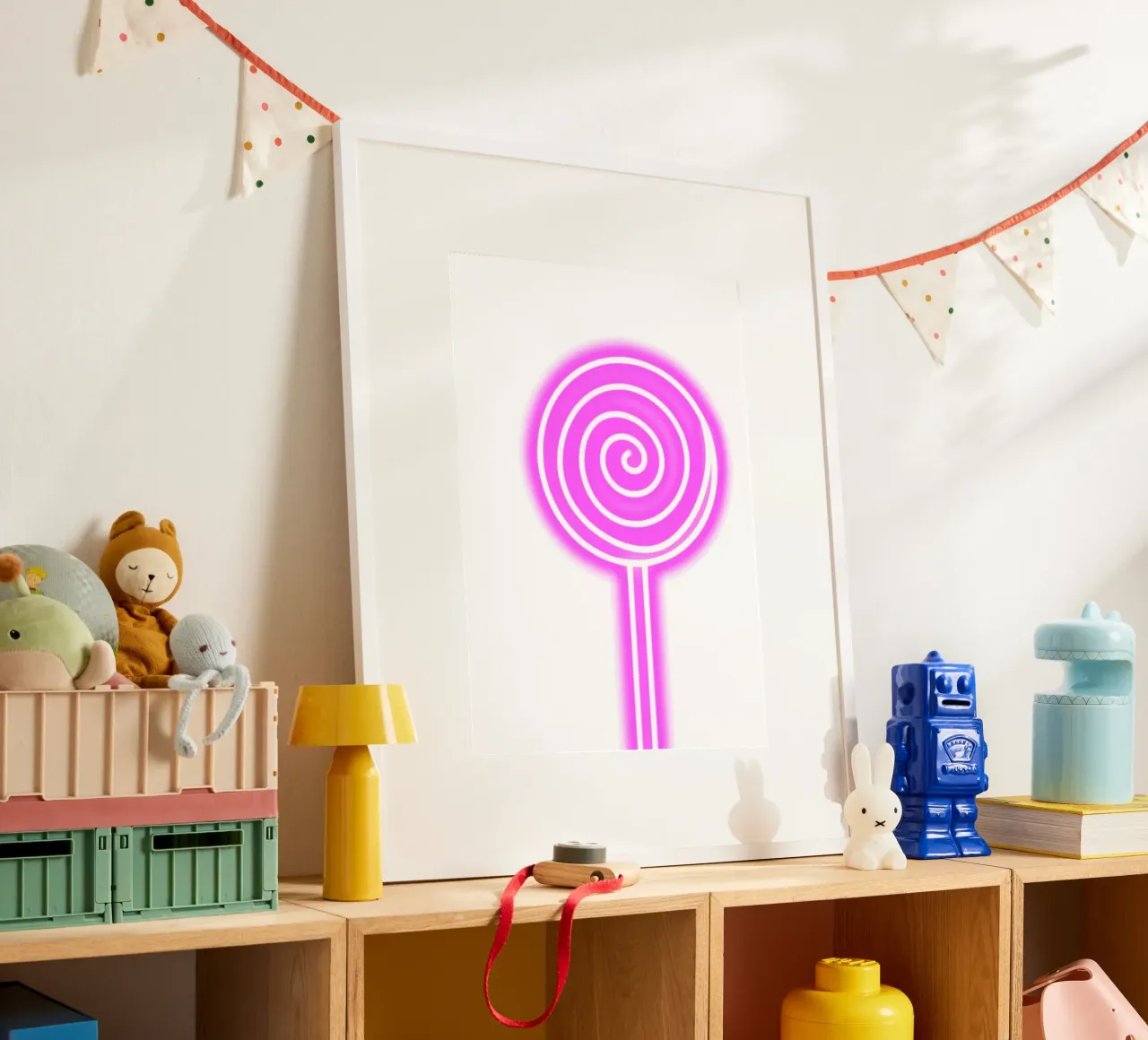Lollipop Pop Art rosa neon - Stampa digitale Sweet Glow poster con telaio in alluminio da homdeco