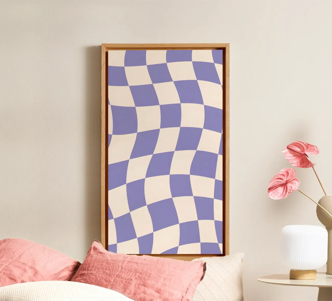 Golvende Retro dambordprint - Paars & Crème Esthetiek canvas met Baklijst van homdeco