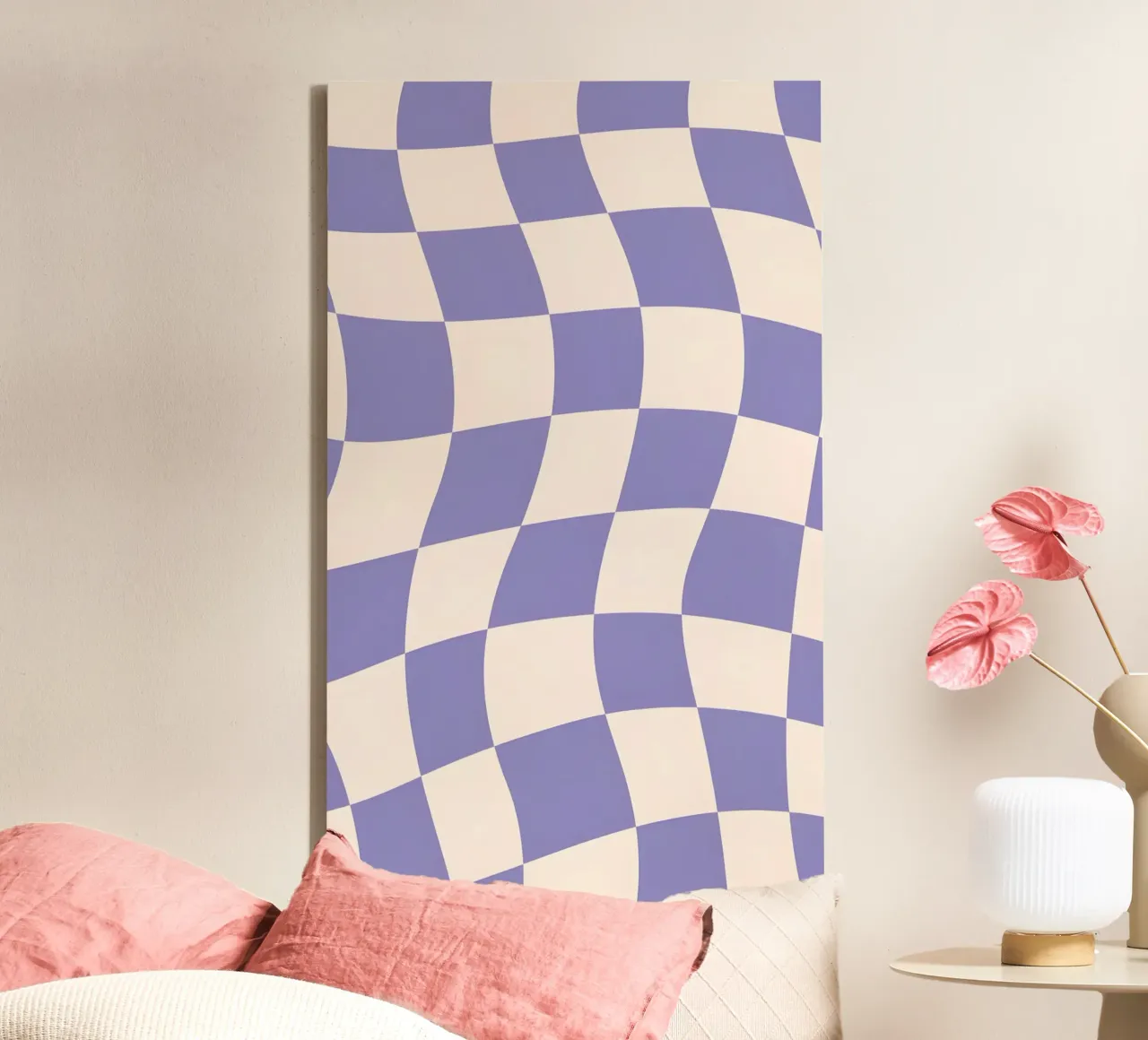 Golvende Retro dambordprint - Paars & Crème Esthetiek canvas met Baklijst van homdeco