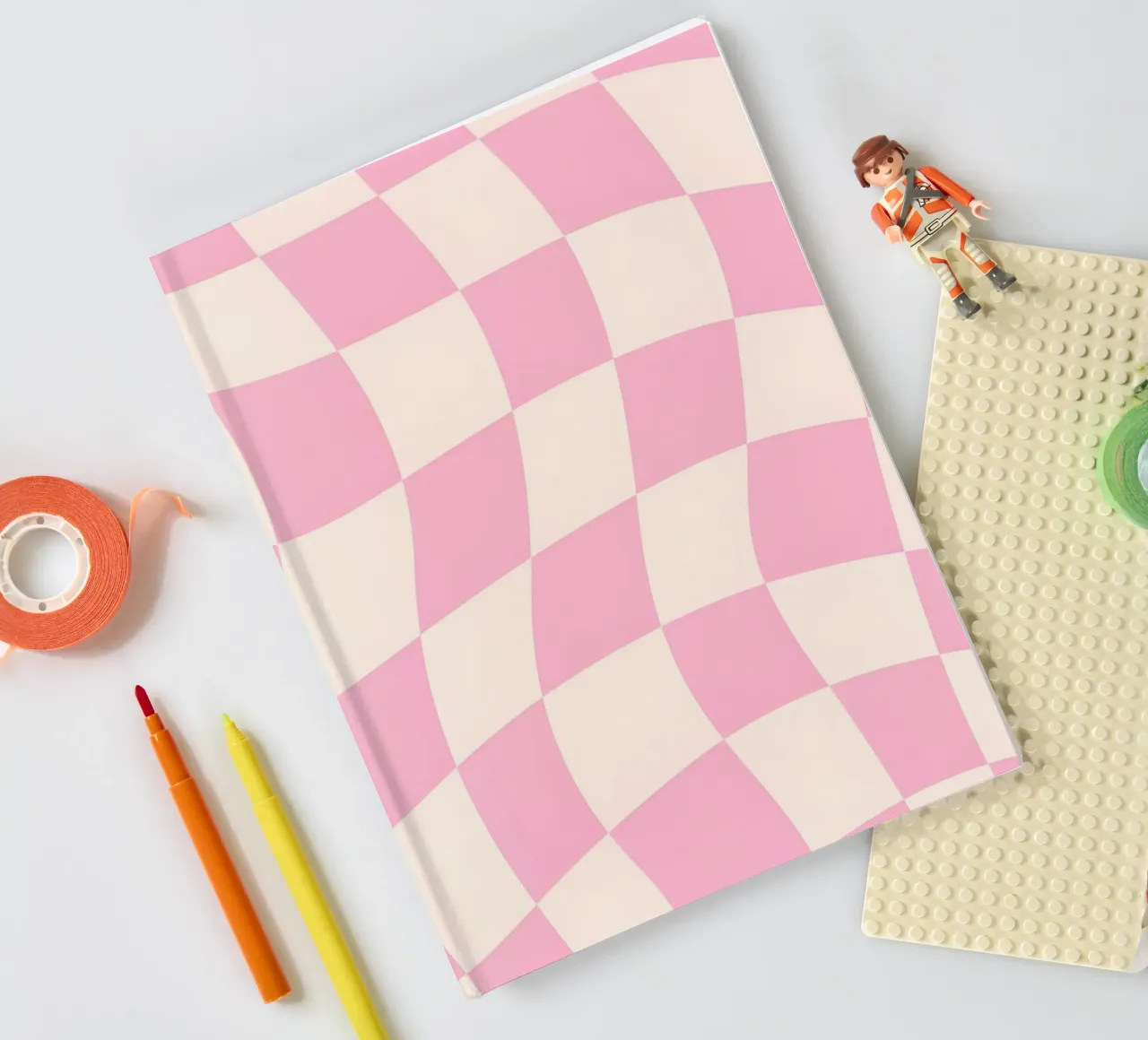 Pink & Cream Wavy Checkerboard - Retro Aesthetic Print notebook by homdeco