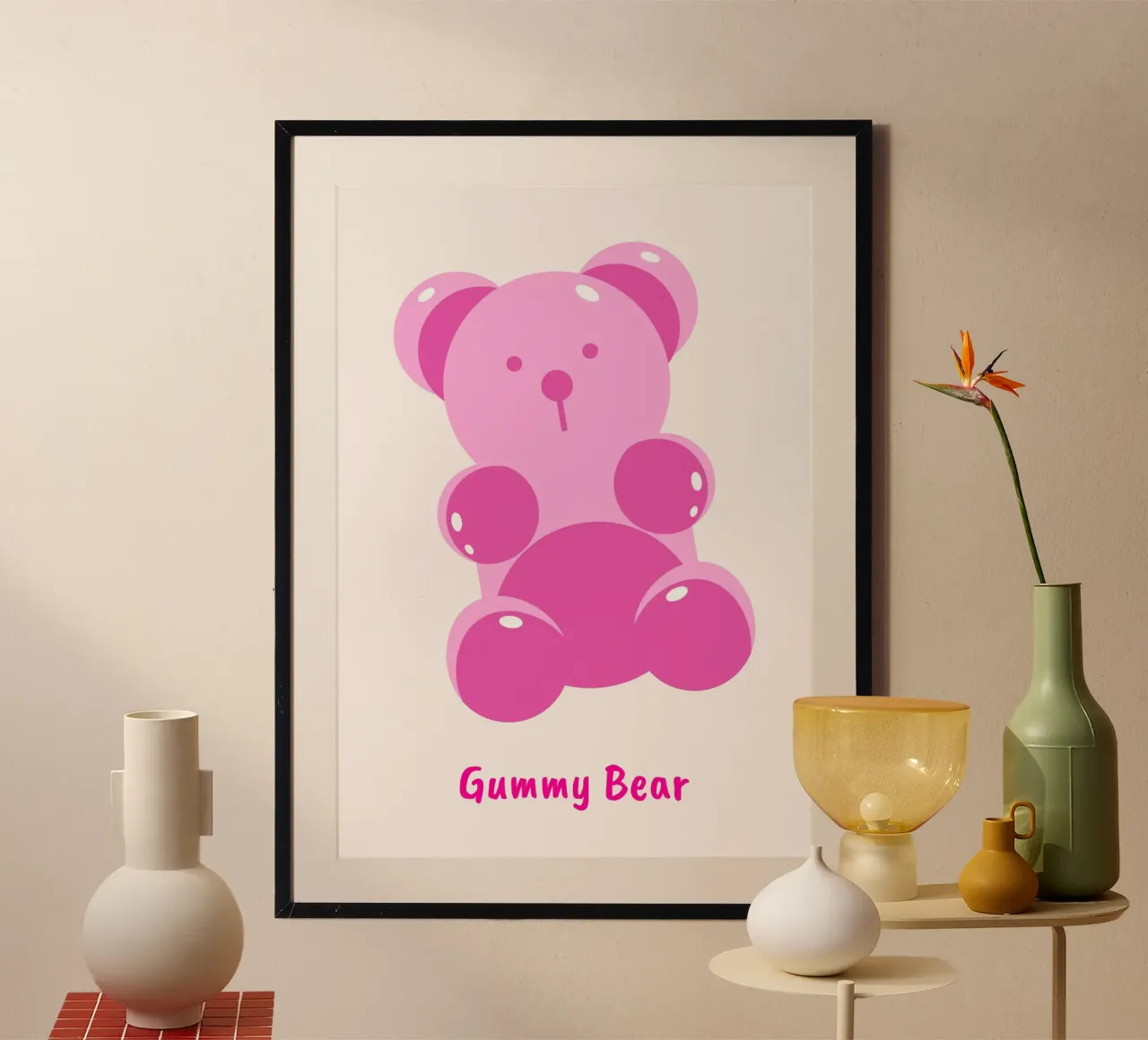 Orso gommoso rosa Pop Art - Stampa digitale dolce e moderna poster con telaio in plastica da homdeco