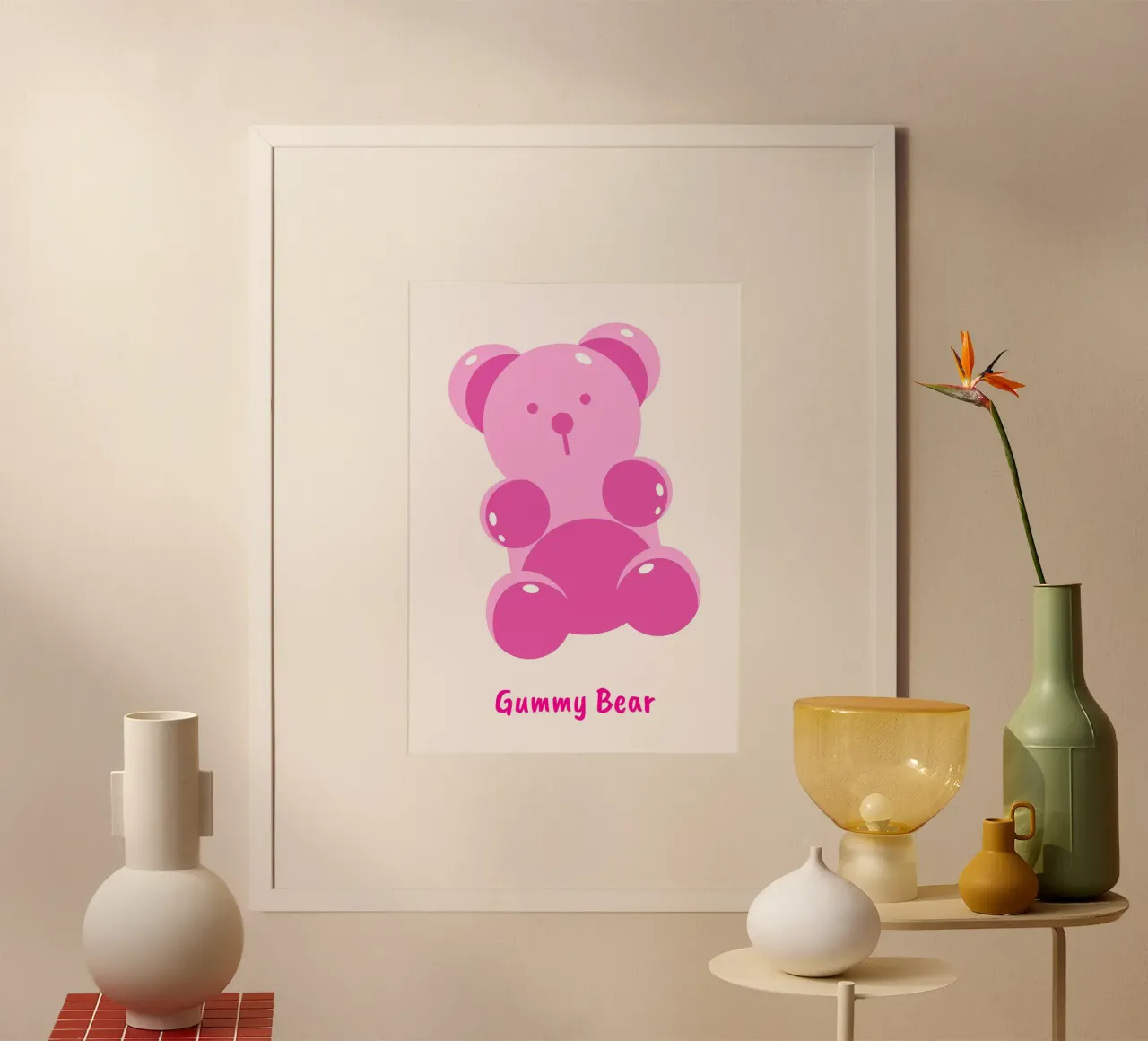 Orso gommoso rosa Pop Art - Stampa digitale dolce e moderna poster con telaio in plastica da homdeco