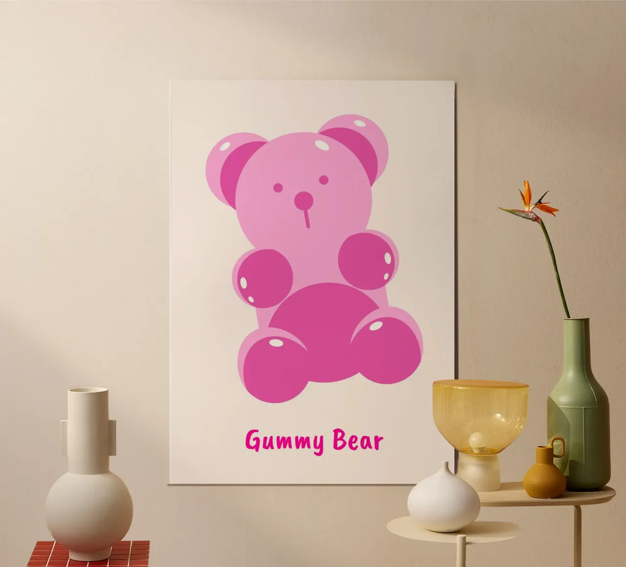 Orso gommoso rosa Pop Art - Stampa digitale dolce e moderna poster con telaio in plastica da homdeco