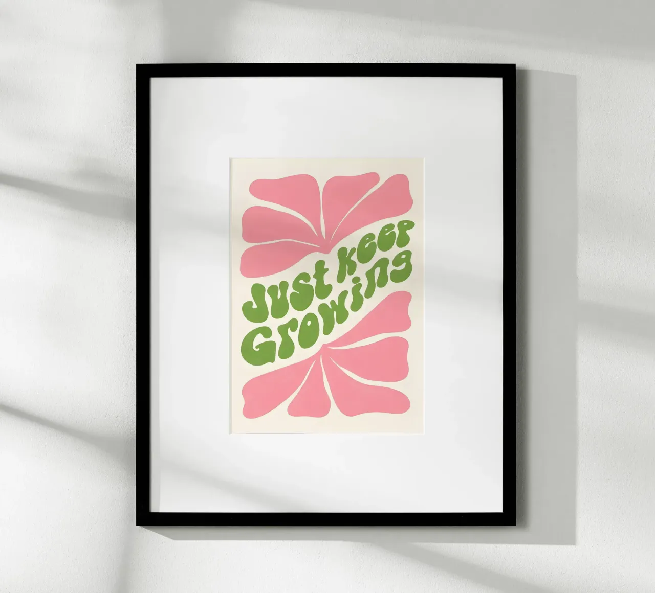 "Just Keep Growing" Retro Bloei Print - Roze & Groene Kunst poster met aluminium frame van homdeco