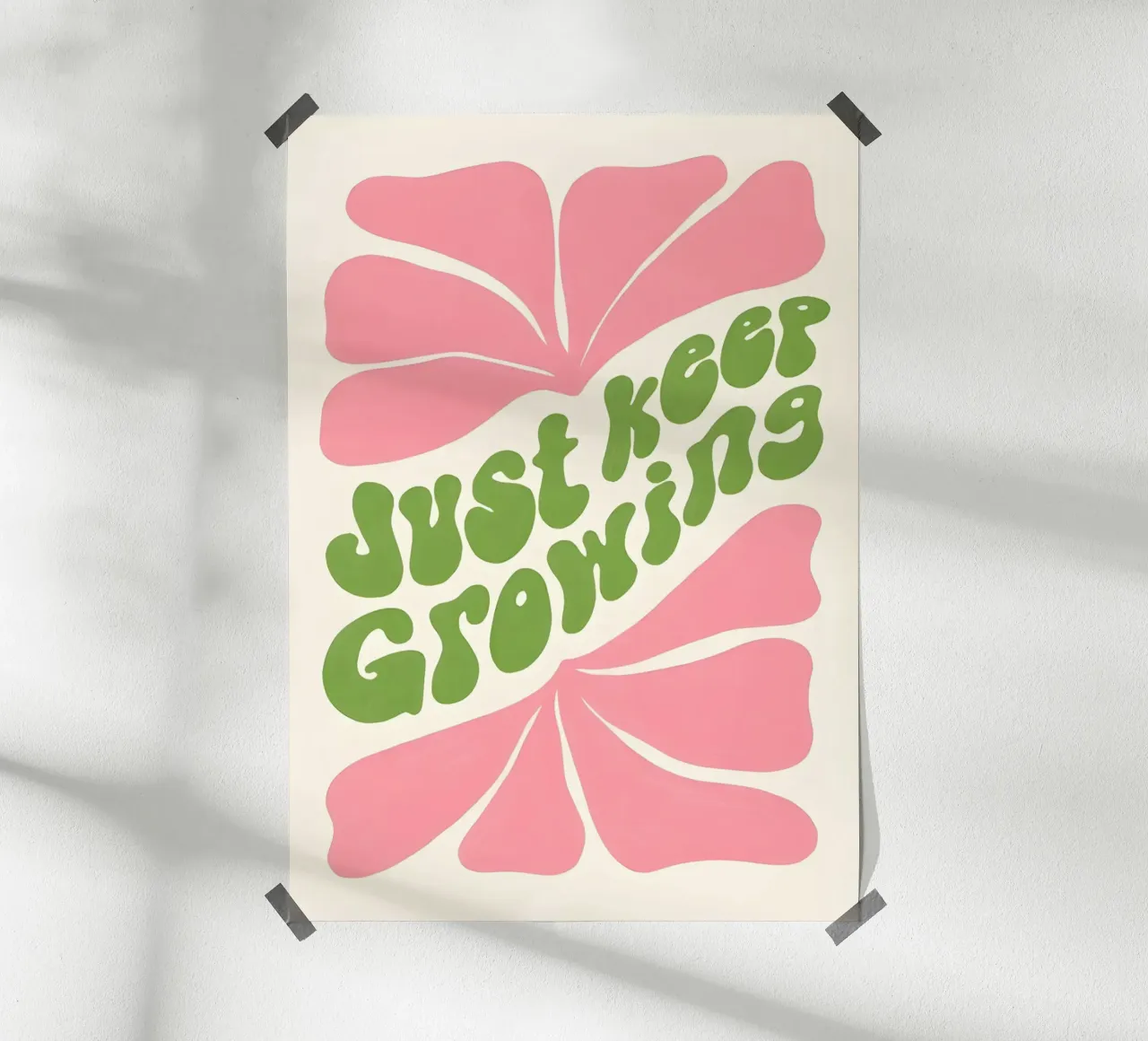 "Just Keep Growing" Retro Bloei Print - Roze & Groene Kunst poster met aluminium frame van homdeco