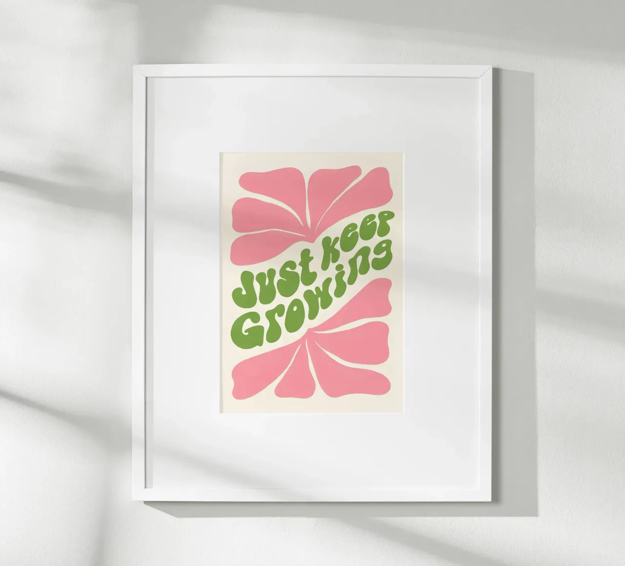 "Just Keep Growing" Retro Bloei Print - Roze & Groene Kunst poster met aluminium frame van homdeco