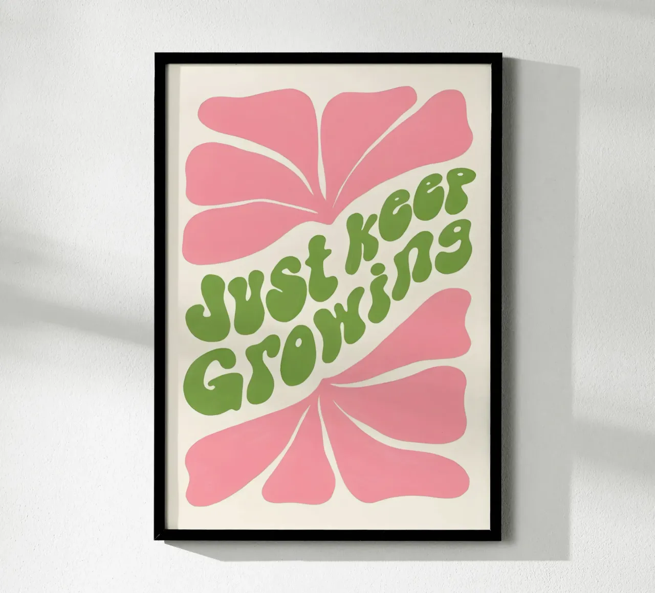 "Just Keep Growing" Retro Bloei Print - Roze & Groene Kunst poster met aluminium frame van homdeco
