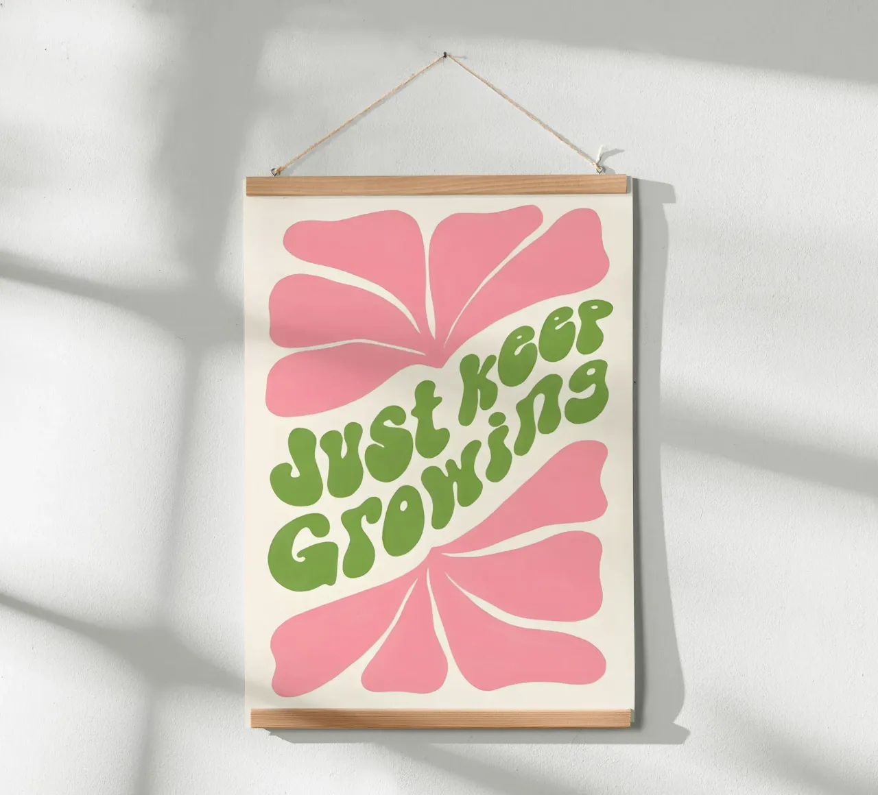 "Just Keep Growing" Retro Bloei Print - Roze & Groene Kunst poster met aluminium frame van homdeco