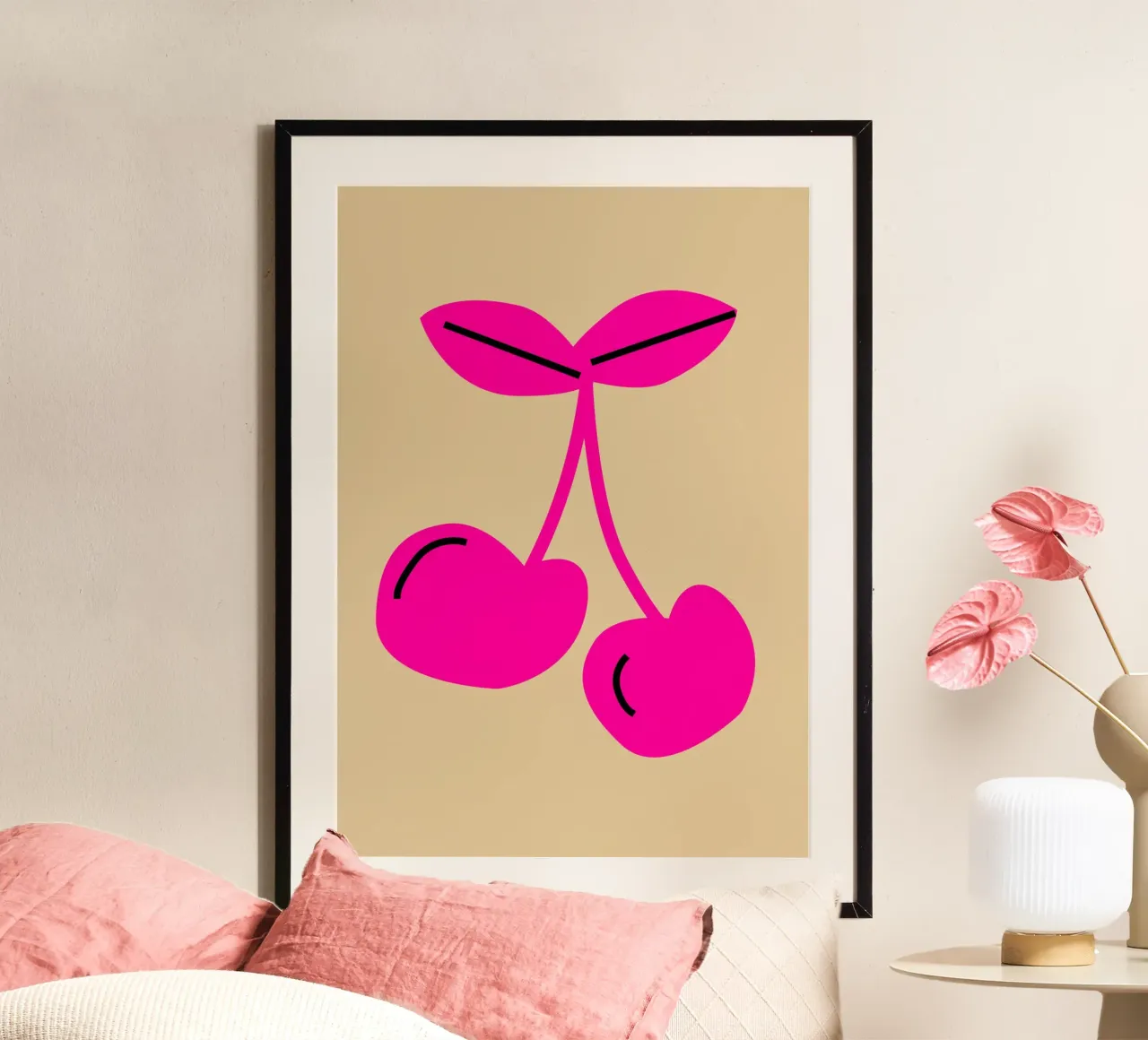 Hot Pink Cherry Pop Art - Design minimalista della frutta poster con telaio in plastica da homdeco