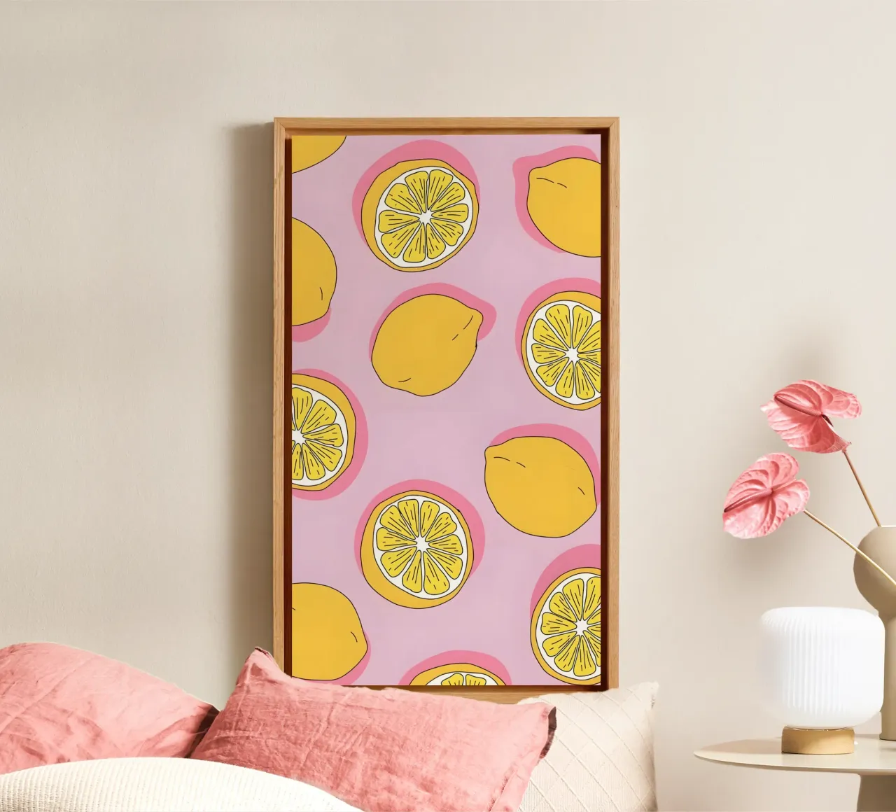 Zesty Lemon Pop Art Pattern - Impresión de cítricos rosa y amarillo lienzo de homdeco