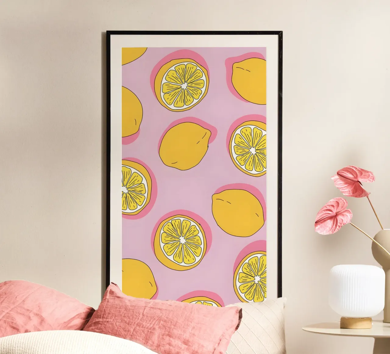 Zesty Lemon Pop Art Pattern - Impresión de cítricos rosa y amarillo hahnemühle de homdeco