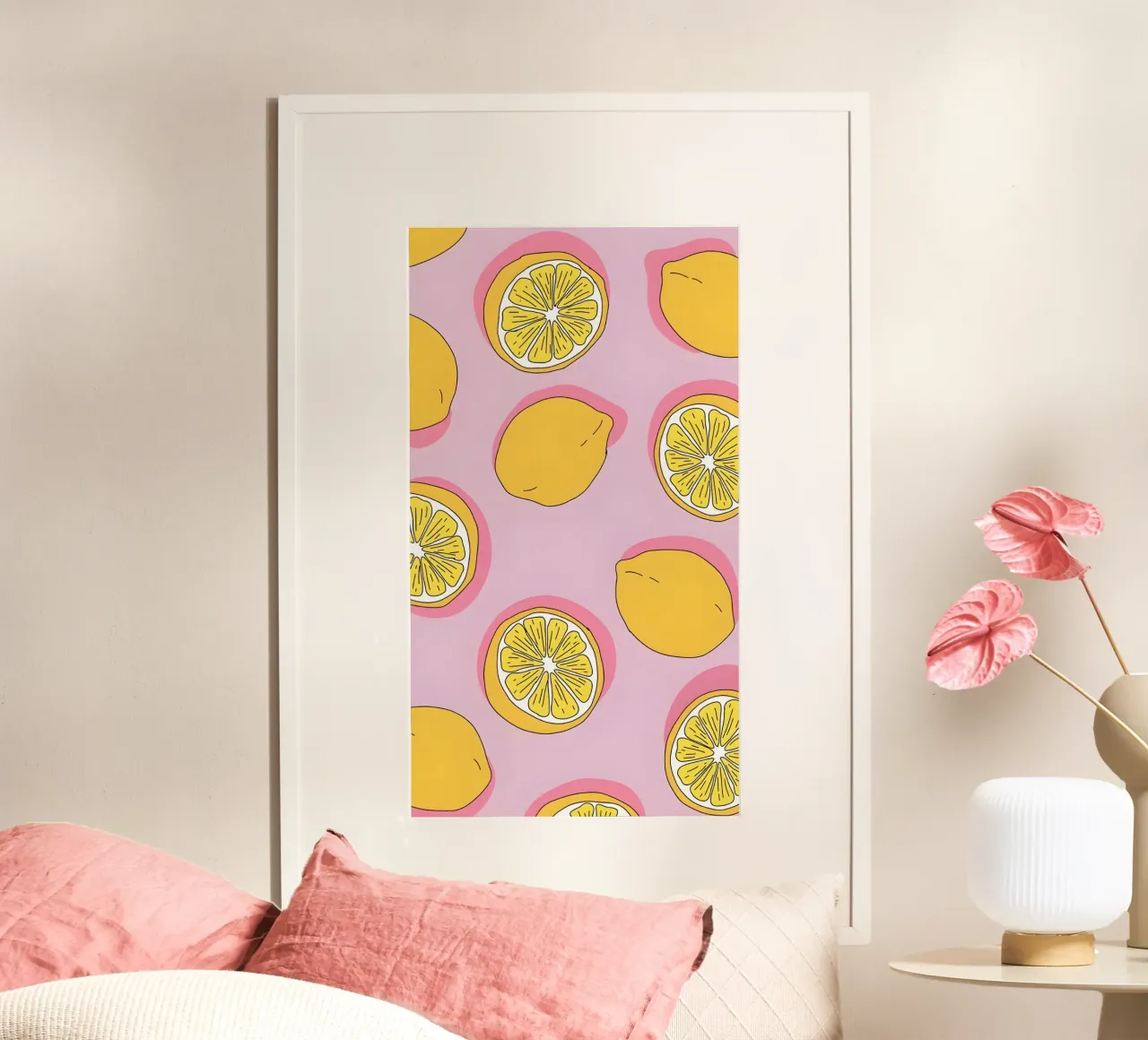 Zesty Lemon Pop Art Pattern - Impresión de cítricos rosa y amarillo hahnemühle de homdeco