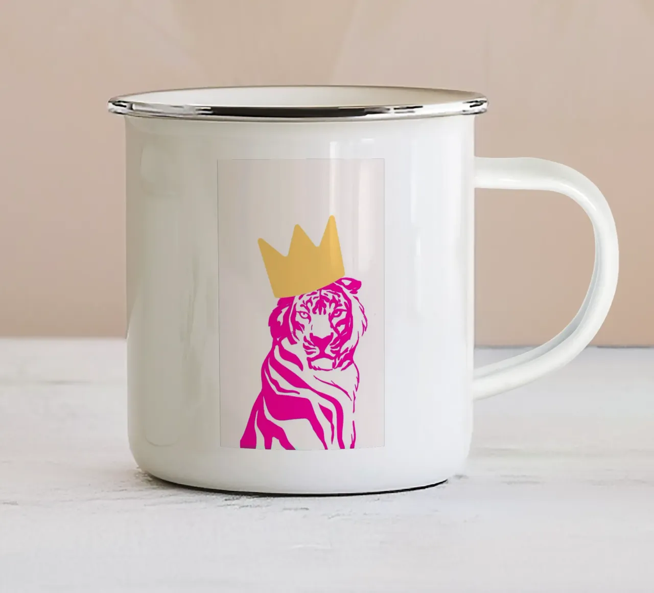 Vorstelijke roze tijger met kroon - Pop Art Wildlife Print emaille mok van homdeco
