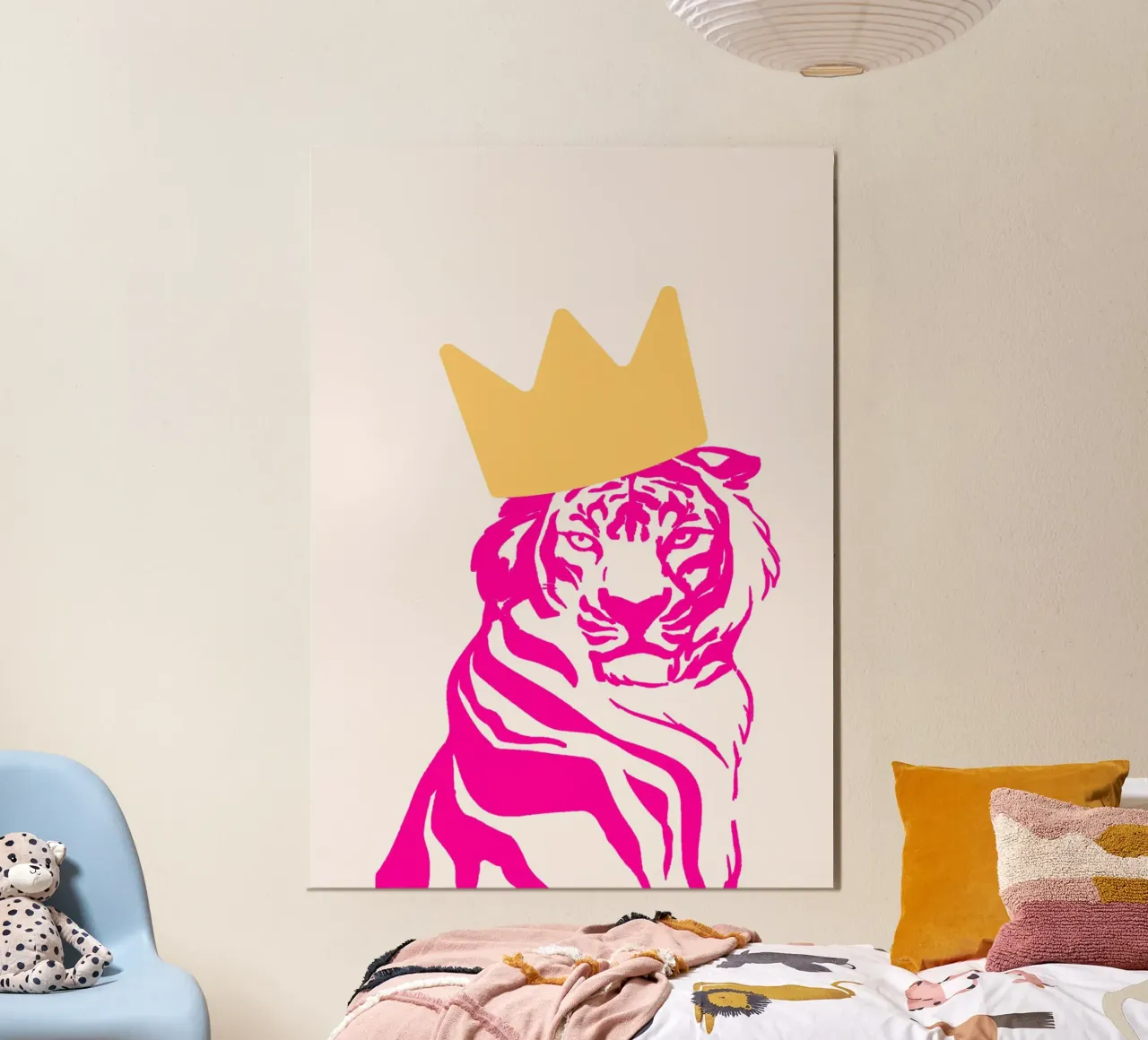 Tigre rosa regale con corona - Stampa pop art della fauna selvatica poster con telaio in legno da homdeco