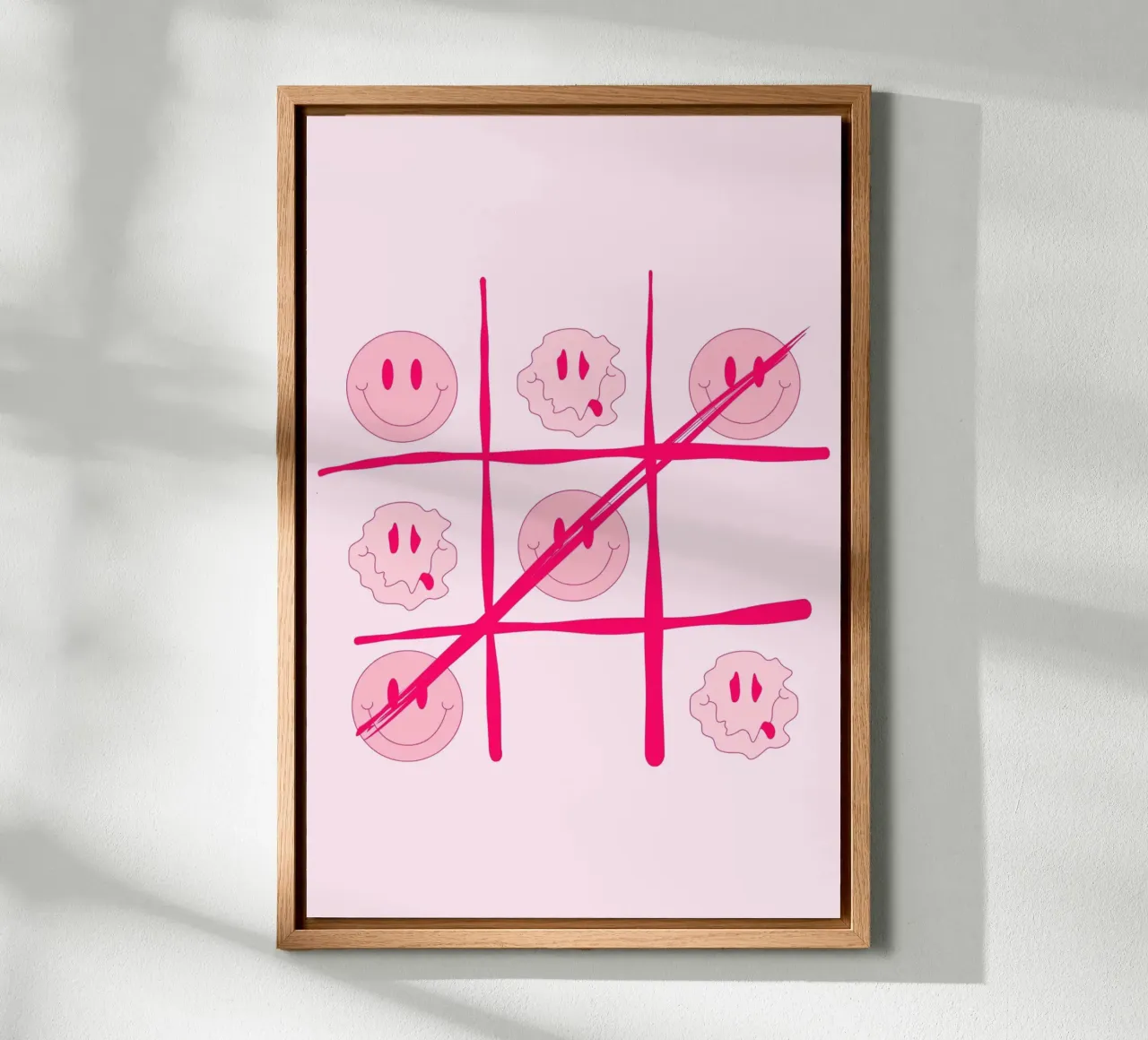 Tic-Tac-Toe Smiley Smelt - Roze Retro Pop Art Print canvas met Baklijst van homdeco