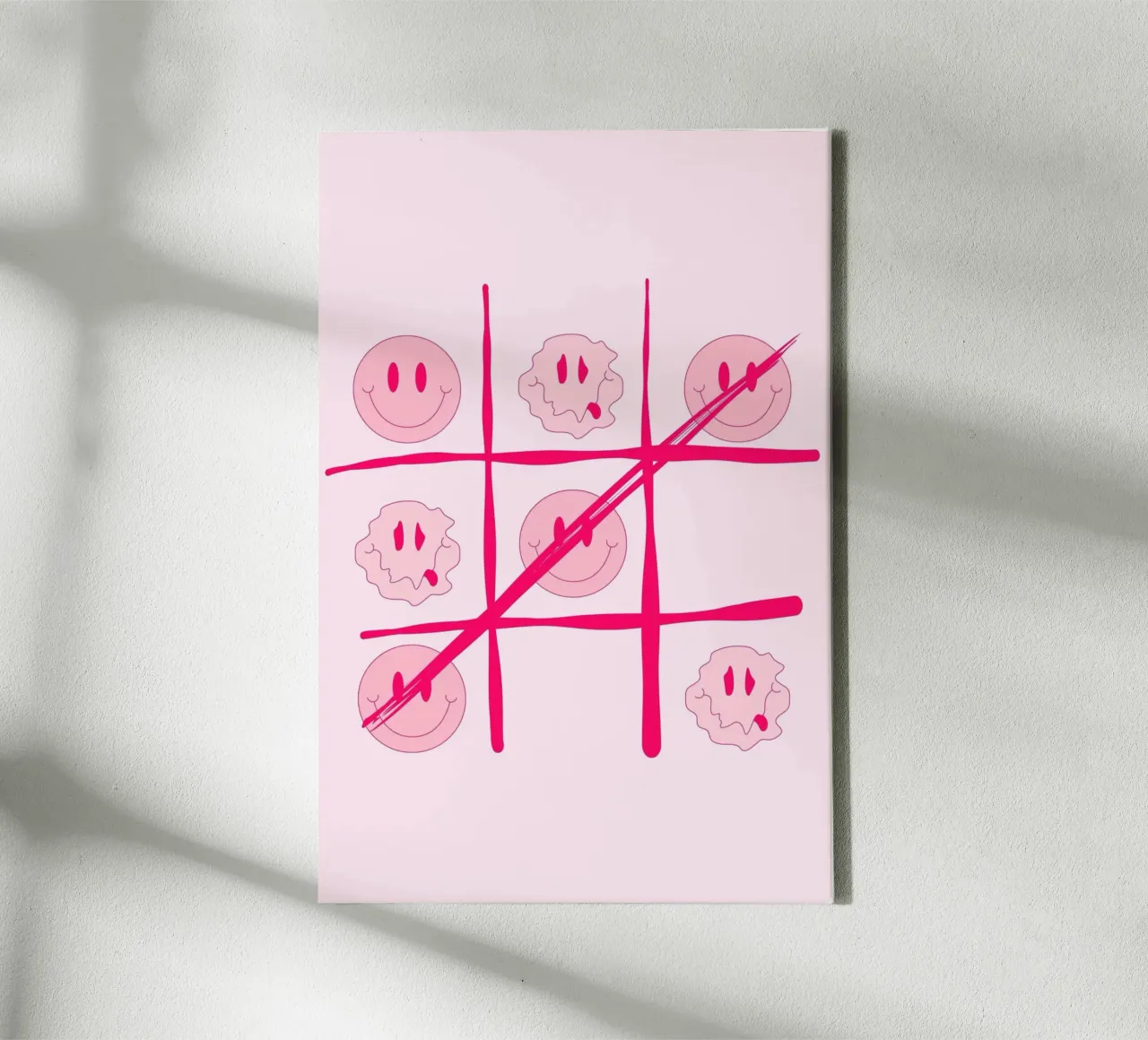 Tic-Tac-Toe Smiley Smelt - Roze Retro Pop Art Print canvas met Baklijst van homdeco
