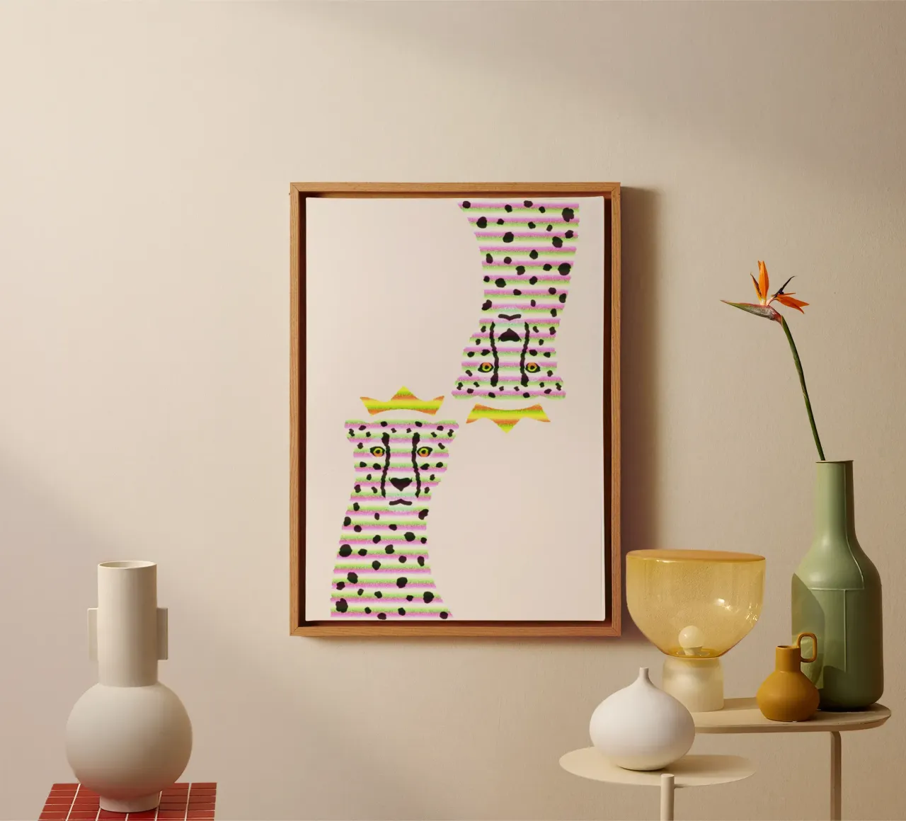 Regal Cheetah Pop Art - Gestreepte Roze & Groene Print canvas met Baklijst van homdeco