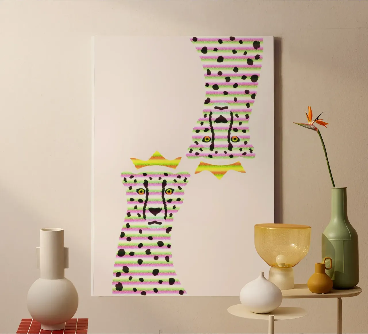 Regal Cheetah Pop Art - Gestreepte Roze & Groene Print canvas met Baklijst van homdeco