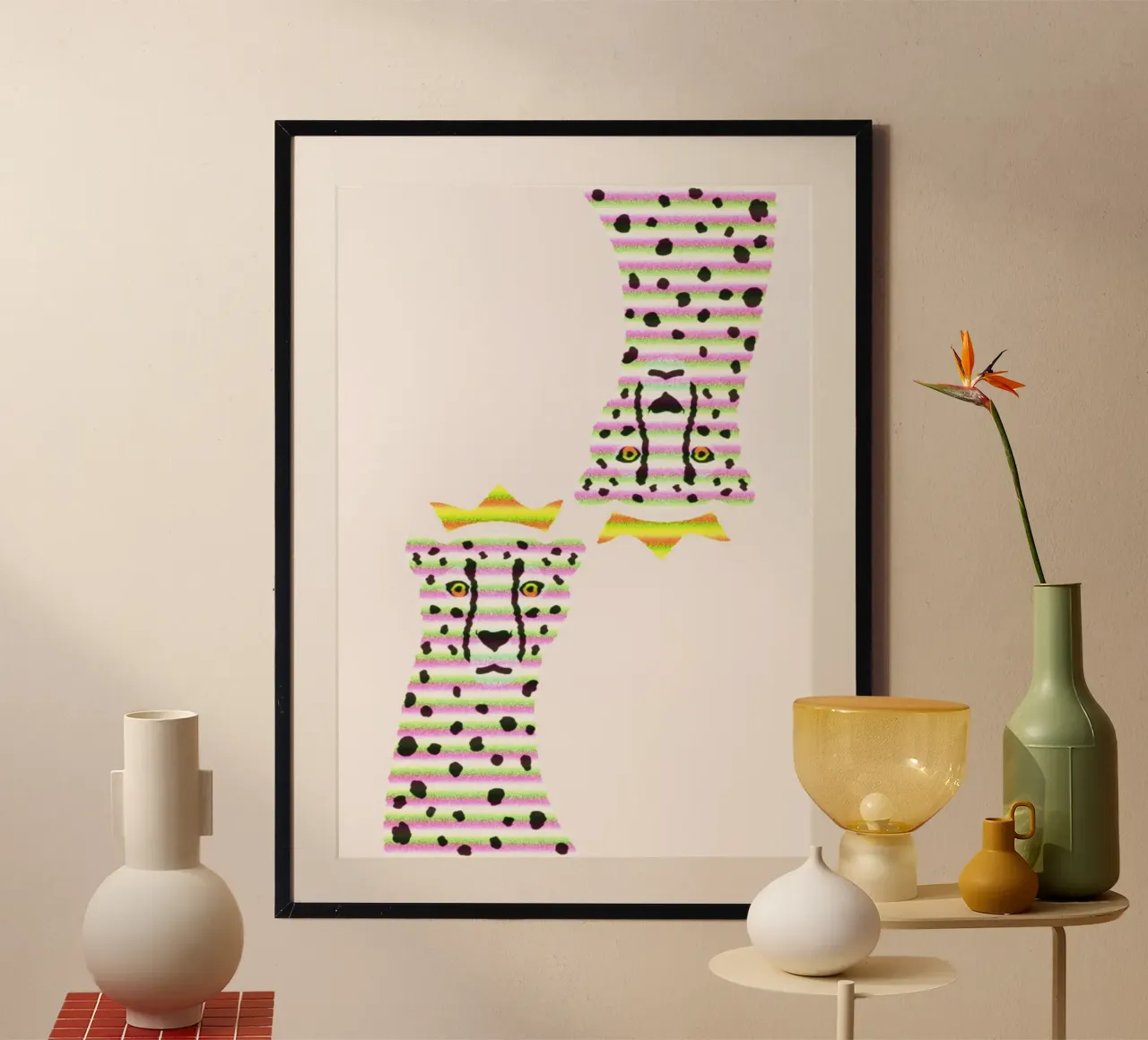 Regal Cheetah Pop Art - Striped Pink & Green Print poster by homdeco