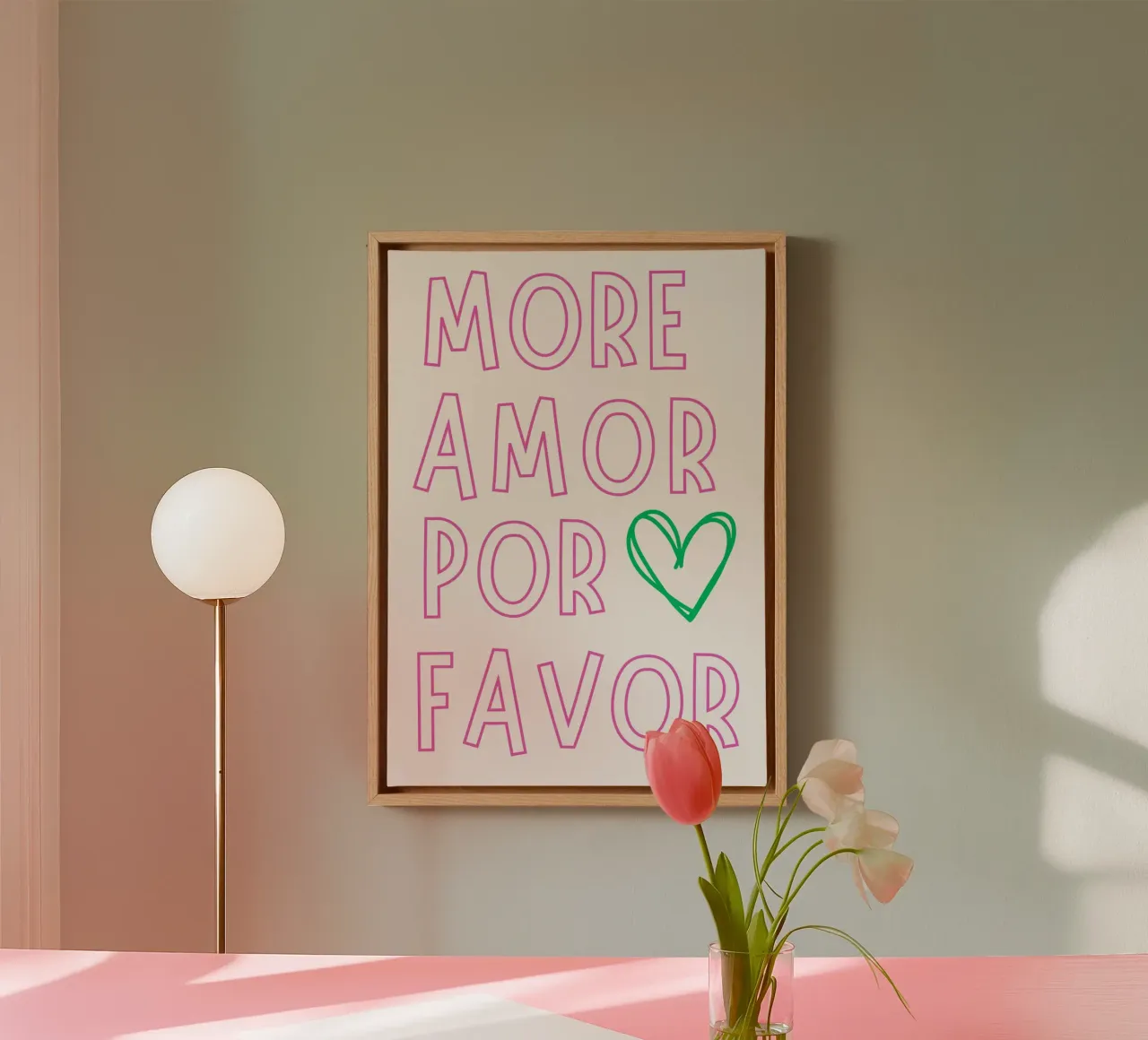Meer Amor Por Favor - Roze & Groene Liefdes Art Print canvas met Baklijst van homdeco