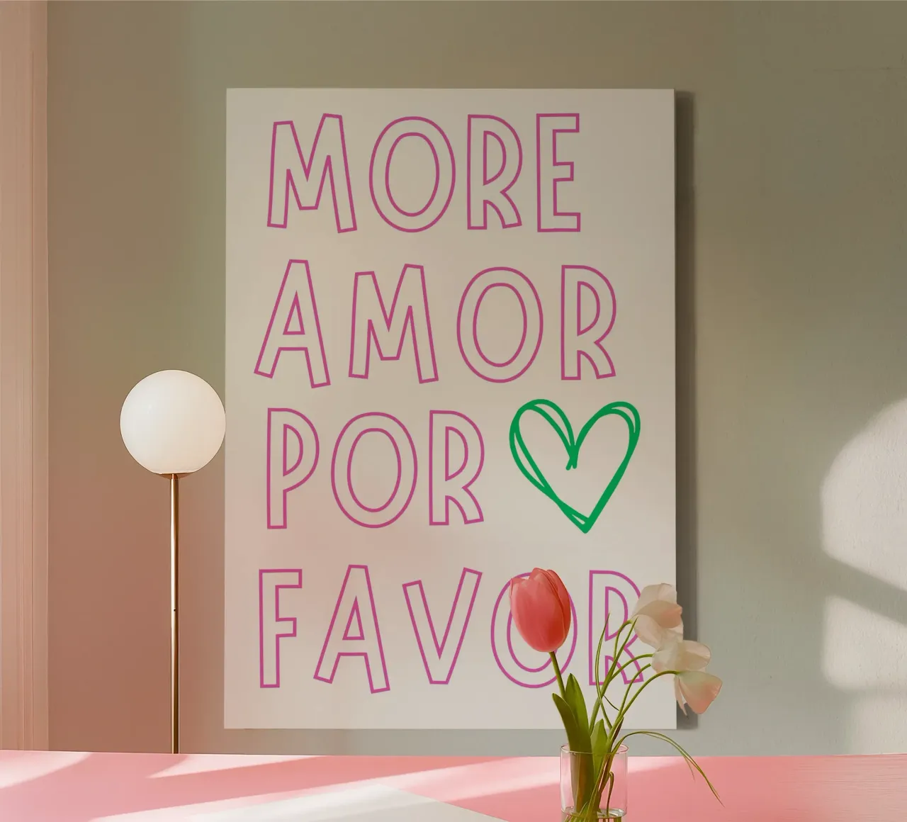 Meer Amor Por Favor - Roze & Groene Liefdes Art Print canvas met Baklijst van homdeco