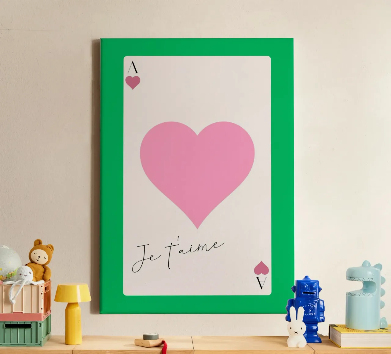 "Je t'aime" Harten aas - Franse liefde kunstdruk canvas met Baklijst van homdeco