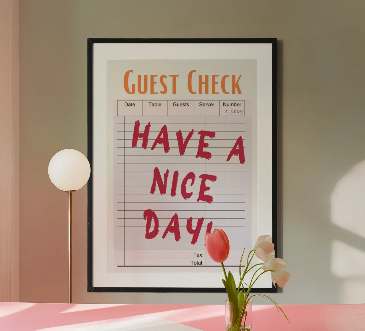 "Have a Nice Day" Guest Check - Retro Diner Pop Art poster con marco de plástico de homdeco