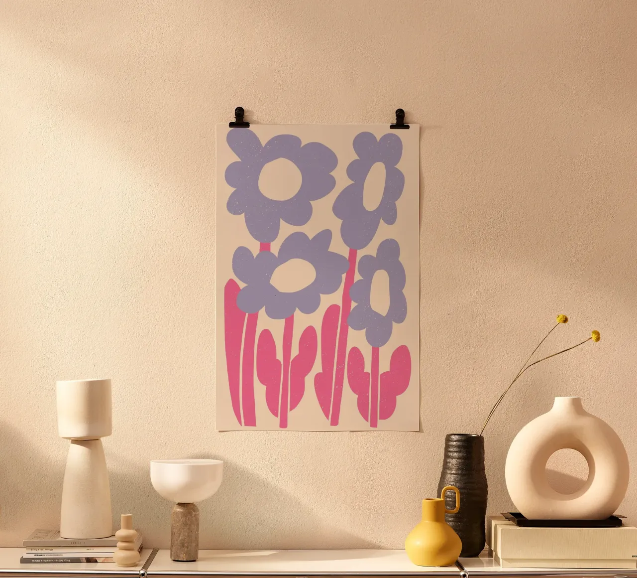 Abstrakter Blumengarten - Retro Lavendel & Rosa Druck Poster von homdeco
