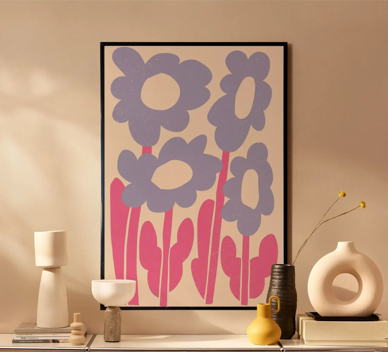 Abstrakter Blumengarten - Retro Lavendel & Rosa Druck Poster von homdeco
