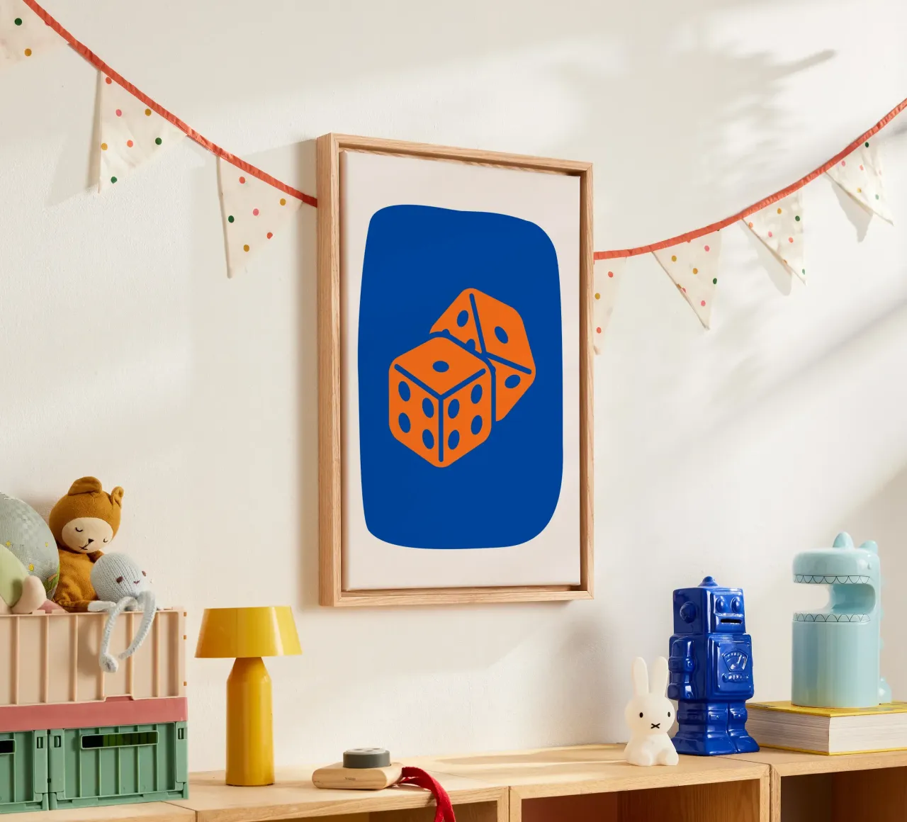 Dobbelen Pop Art - Oranje & Blauw Game Room Print canvas met Baklijst van homdeco