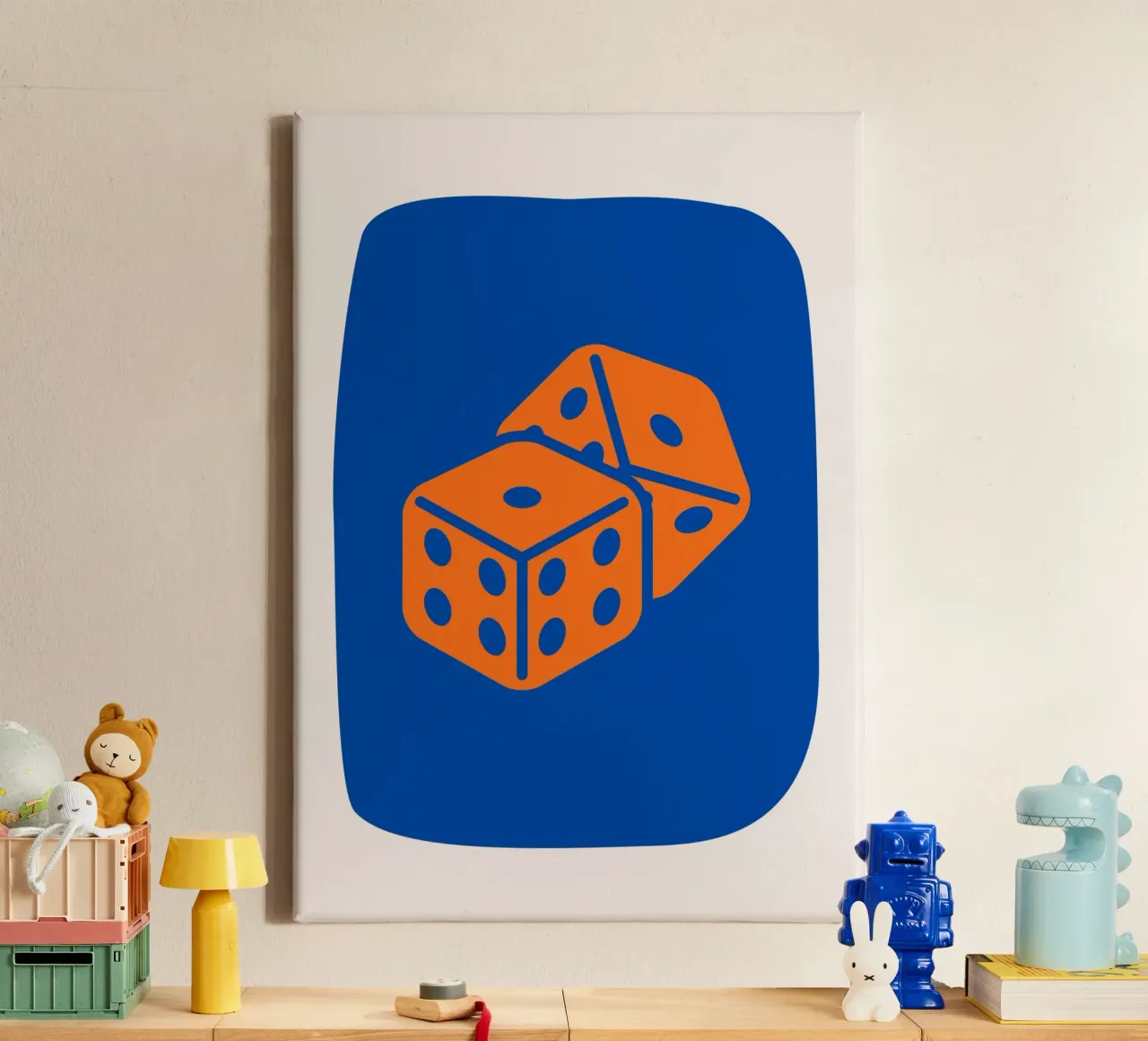 Dobbelen Pop Art - Oranje & Blauw Game Room Print canvas met Baklijst van homdeco