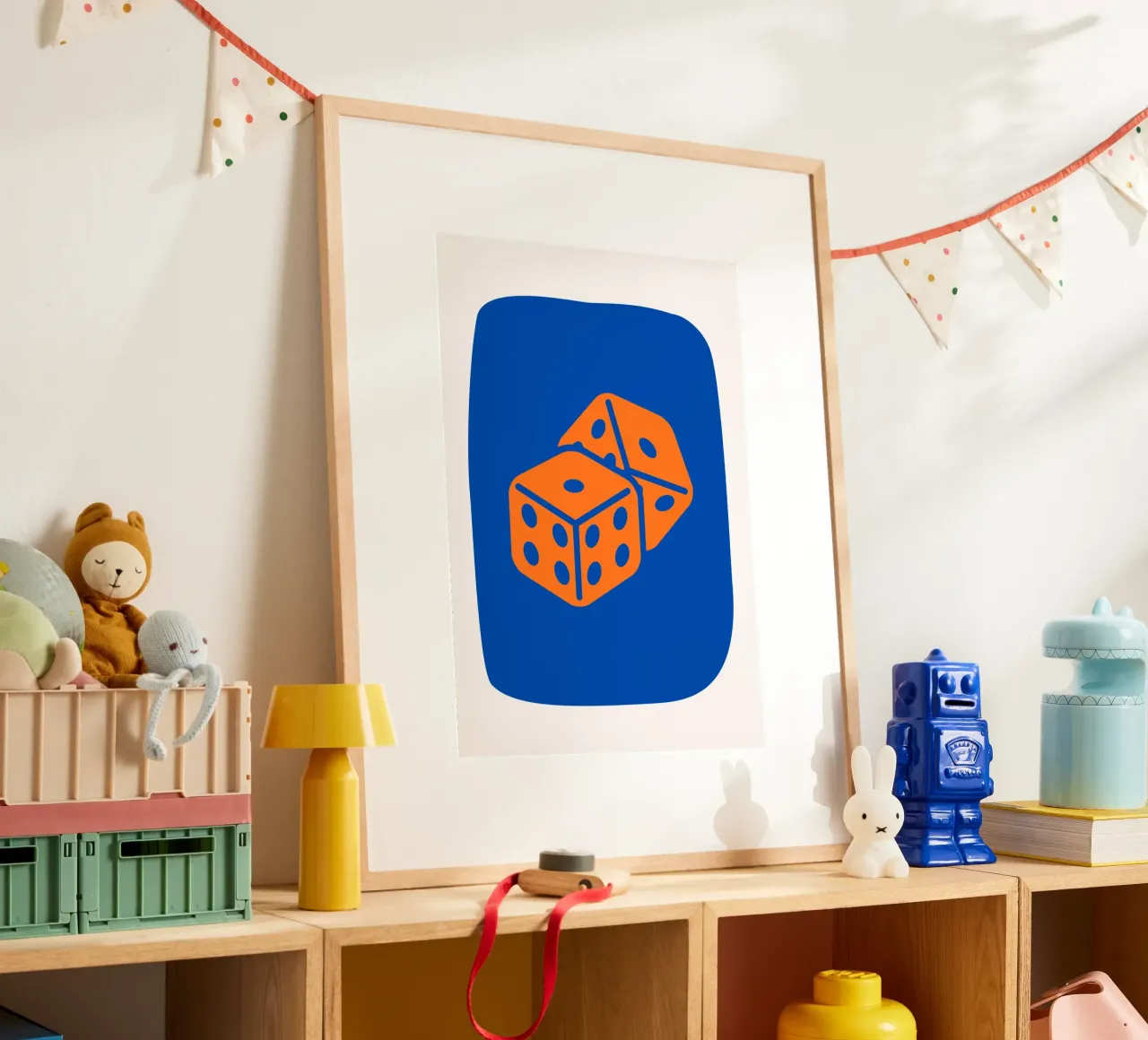 Dobbelen Pop Art - Oranje & Blauw Game Room Print poster van homdeco