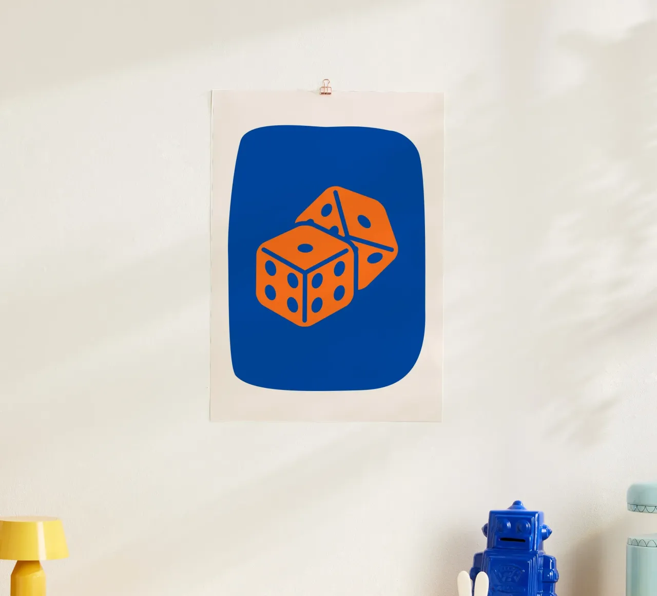 Dobbelen Pop Art - Oranje & Blauw Game Room Print poster van homdeco