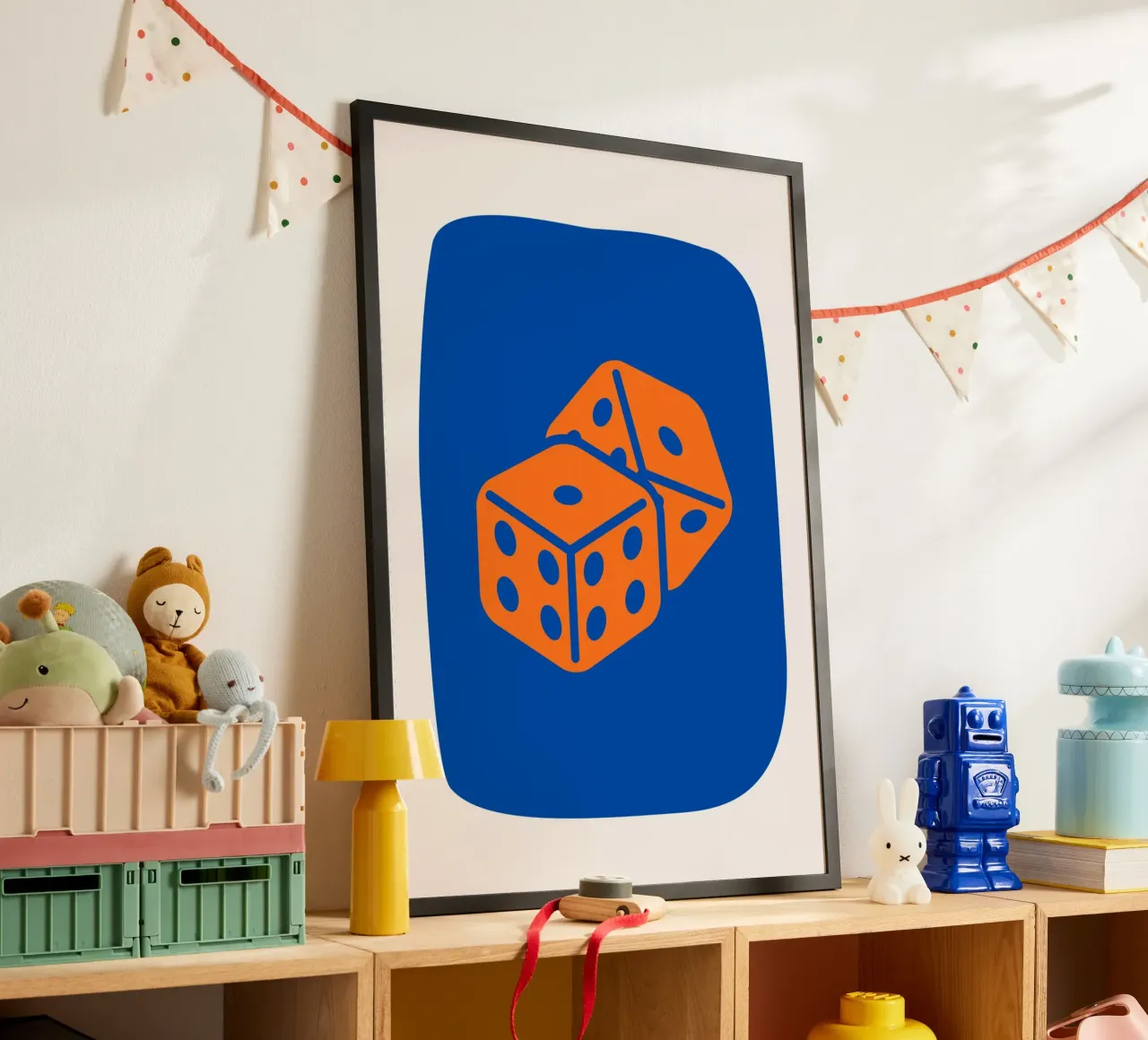 Dobbelen Pop Art - Oranje & Blauw Game Room Print poster van homdeco