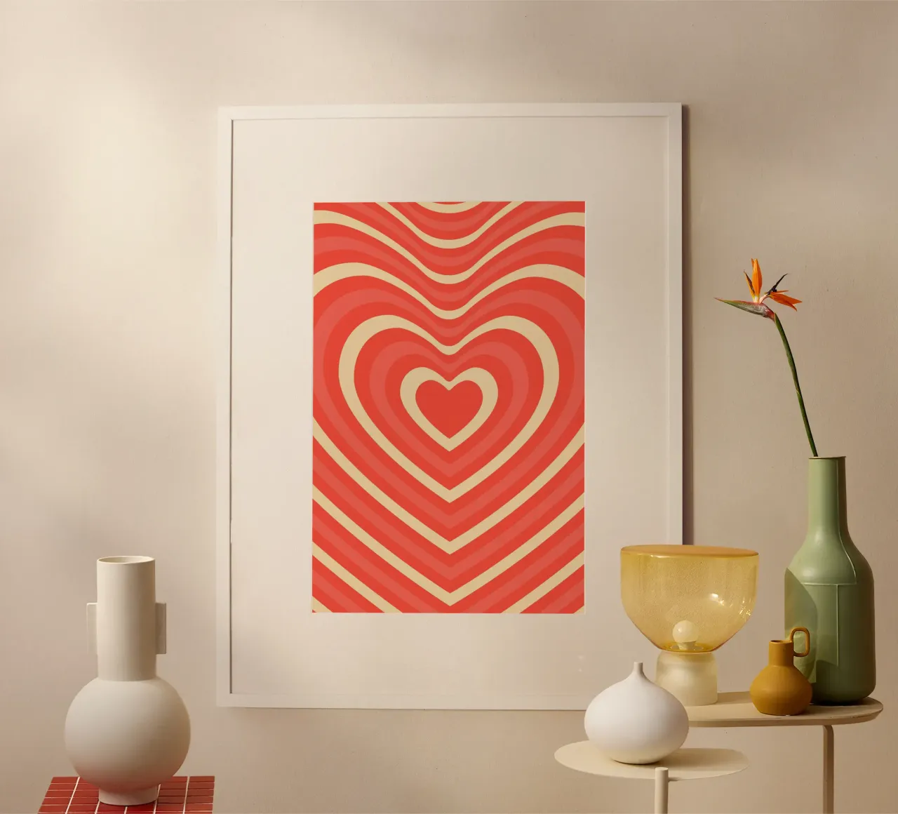 Retro Heart Wave astratto - Stampa amore rosa e rosso poster con telaio in alluminio da homdeco