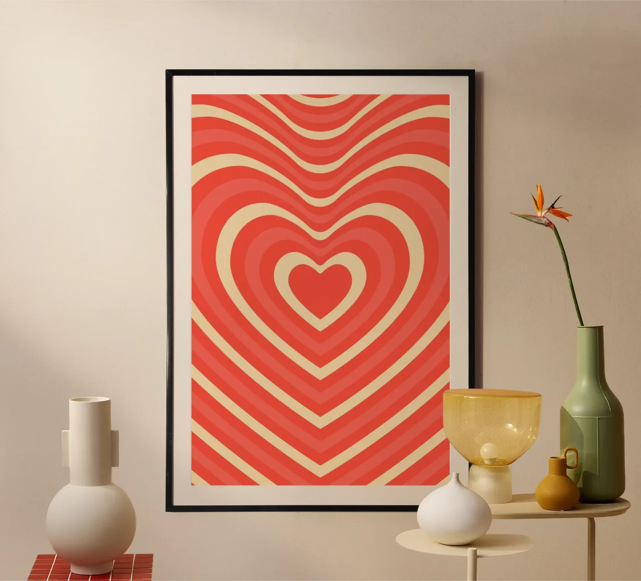 Retro Heart Wave astratto - Stampa amore rosa e rosso poster con telaio in alluminio da homdeco