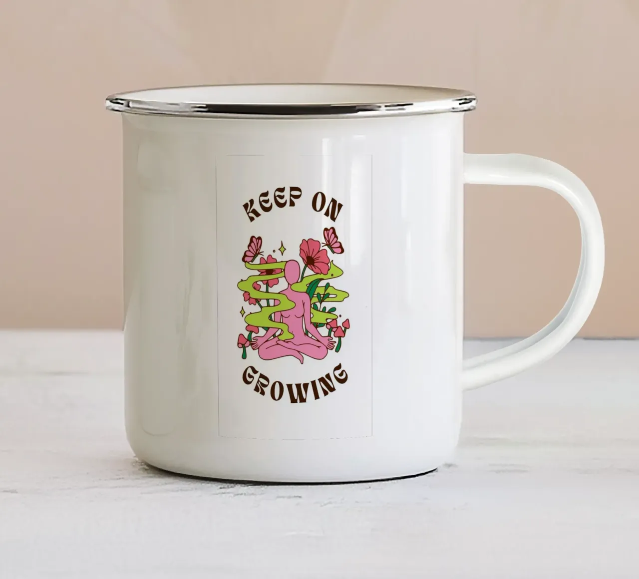 "Keep On Growing' Psychedelische lotusprint - Boho Art emaille mok van homdeco