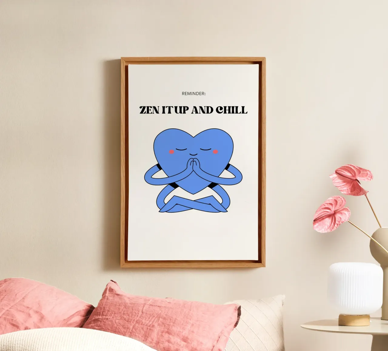 "Zen It Up And Chill" - Blauw Hart Meditatie Print canvas met Baklijst van homdeco