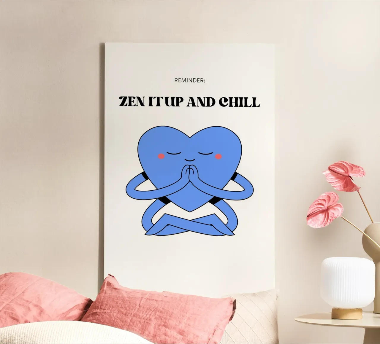 "Zen It Up And Chill" - Blauw Hart Meditatie Print canvas met Baklijst van homdeco