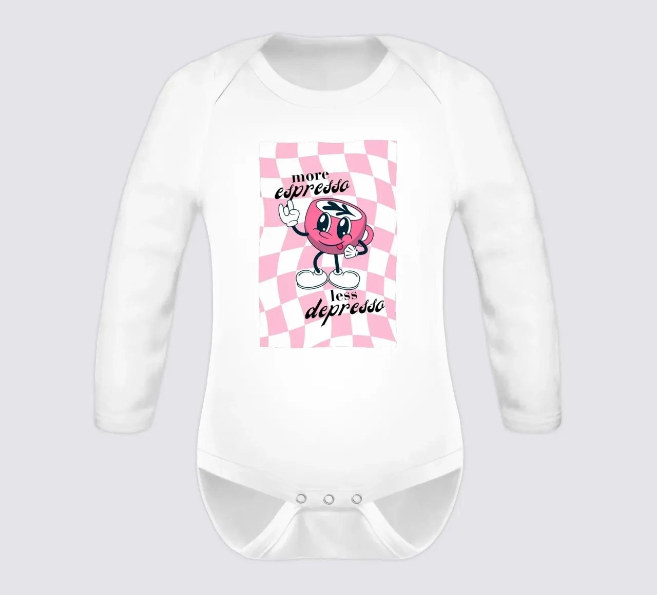 "More Espresso Less Depresso" - Retro Coffee Print body neonato maniche lunghe da homdeco
