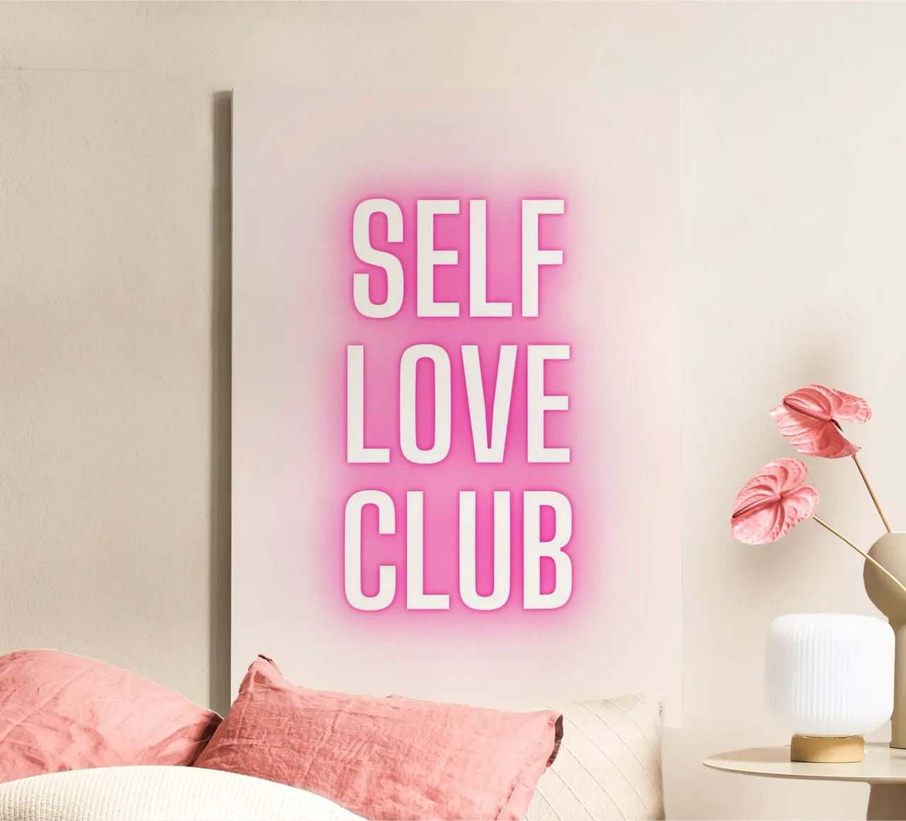 Self Love Club Neon Glow - Empowering Pink Digital Print canvas with Floater frame by homdeco