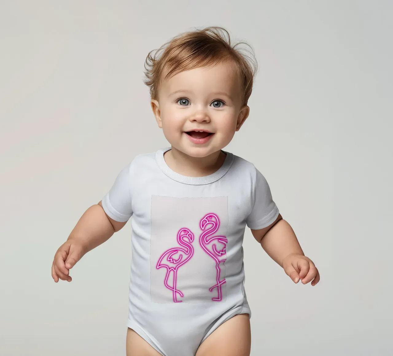 Neon Flamingo Duo - Tropical Pink Glow Art Print short-sleeve baby romper by homdeco
