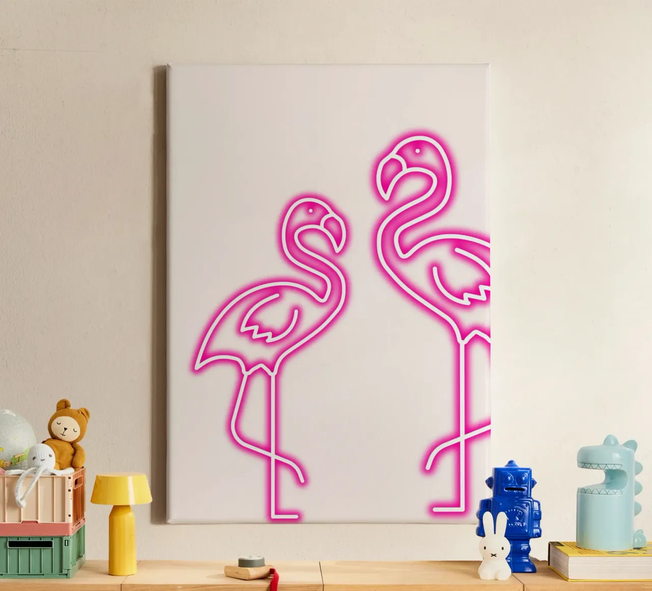 Neon Flamingo Duo - Tropical Pink Glow Art Print canvas by homdeco