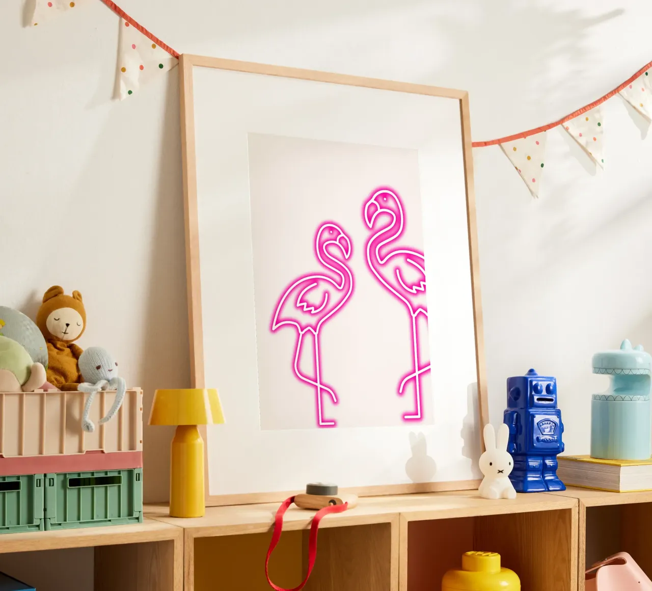Neon Flamingo Duo - Tropical Pink Glow Art Print hahnemühle by homdeco